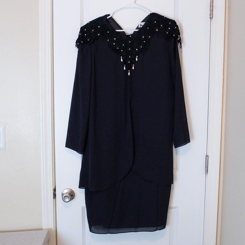Elegant VTG Patra Dress Black Beaded Pearl Detail Formal Layered 12 Dark Winter